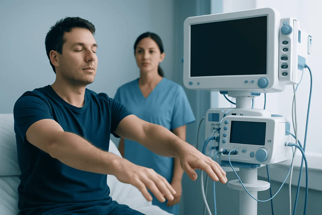 Patient undergoing sleep study in a hospital setting with medical staff present.