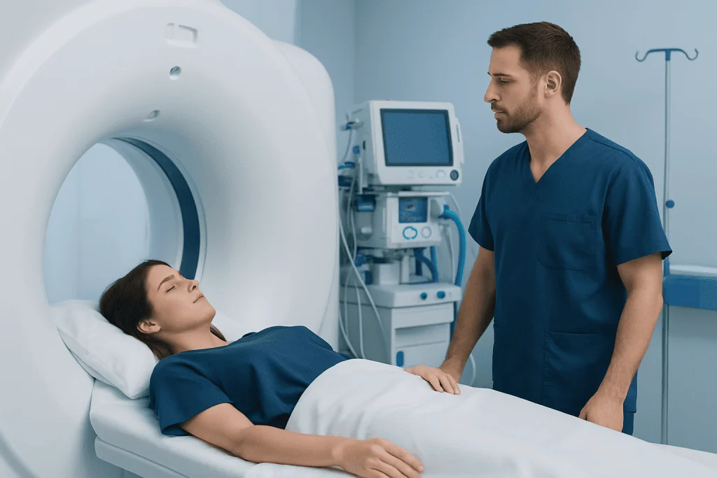 Patient undergoing MRI scan at Acibadem Hospital with medical staff present.