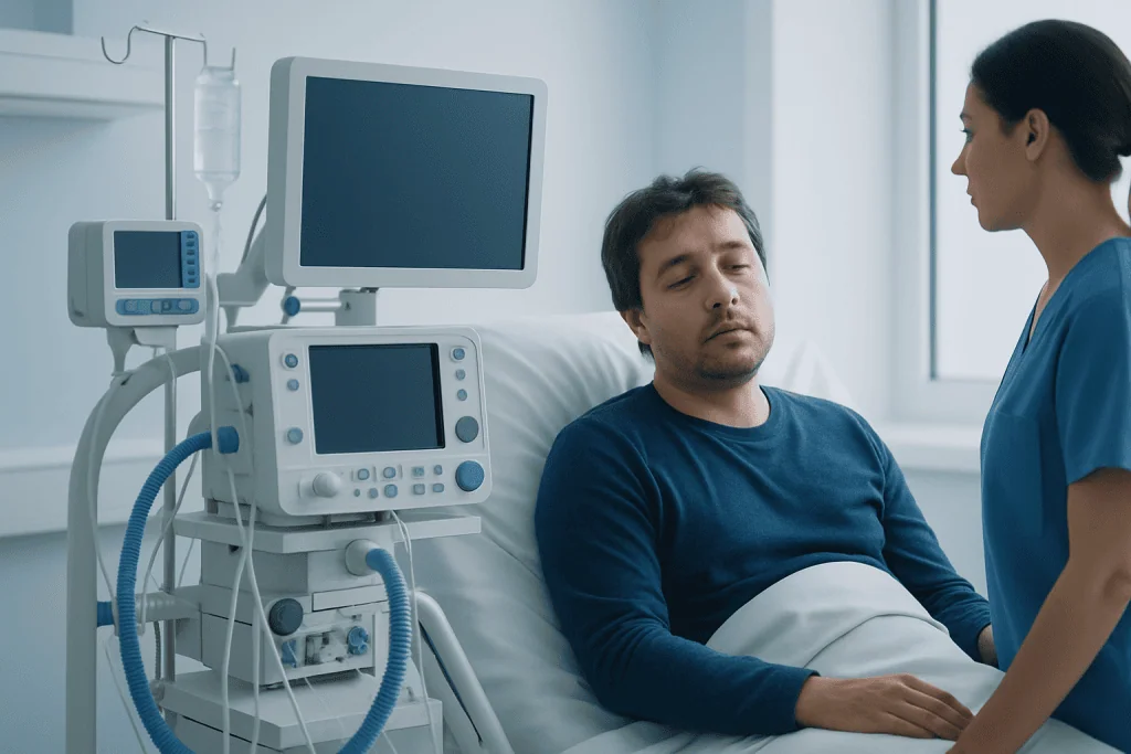 Patient in hospital bed with medical monitors and nurse attending.