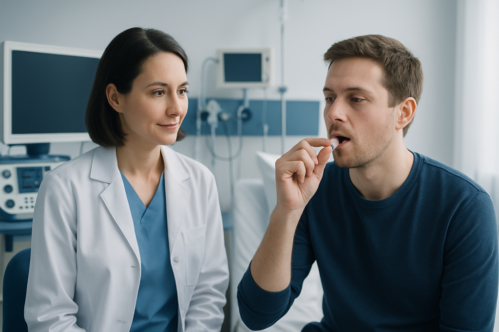 Doctor examining patient's throat in a medical consultation room.