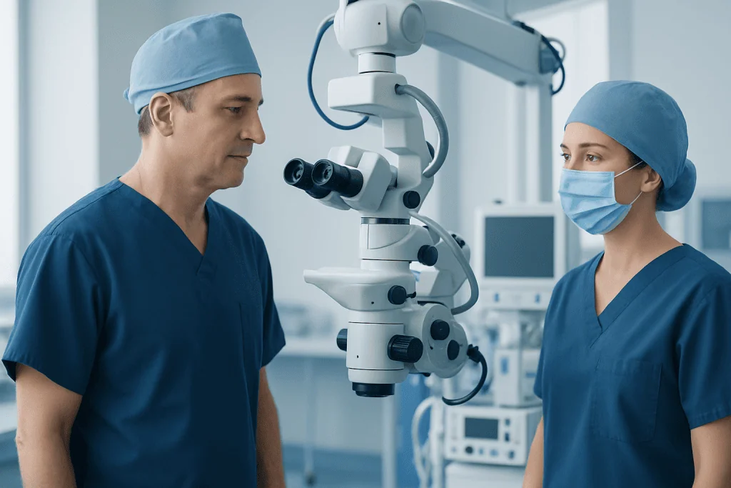 Medical professionals using a microscope in a hospital setting.