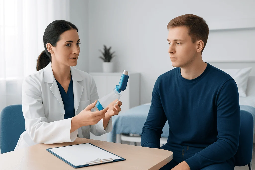 Doctor explaining medical device to patient in consultation room.