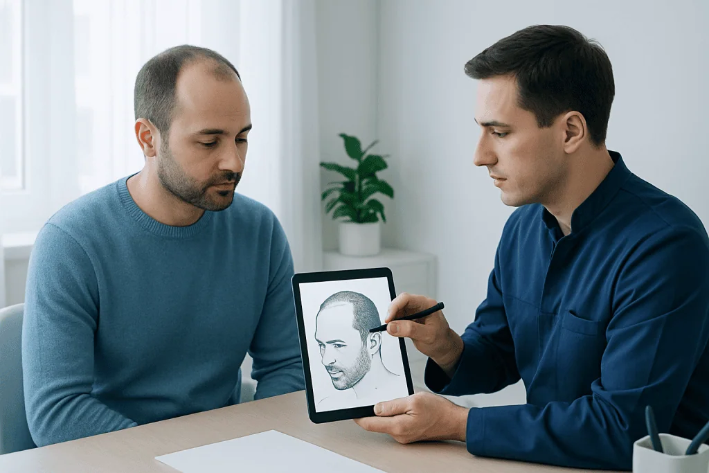 Doctor explains hairline design options to patient using digital image.