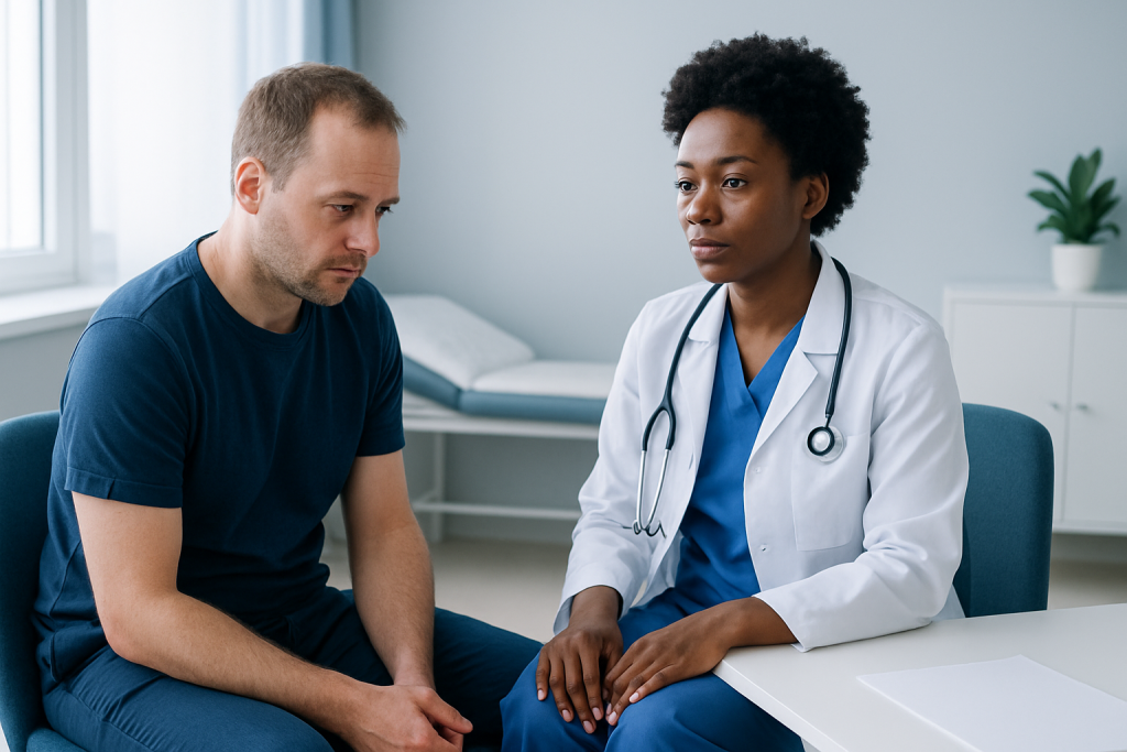 Doctor consulting with male patient in a medical office setting.