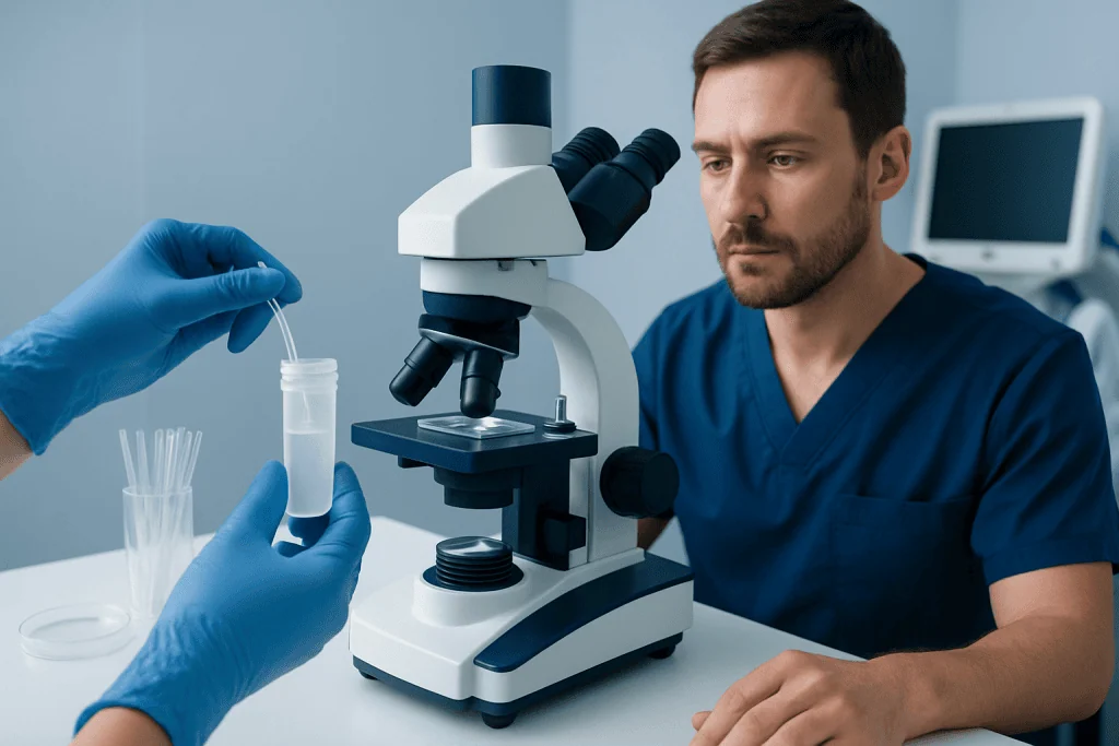Medical researcher examining a test sample with a microscope in a lab setting.