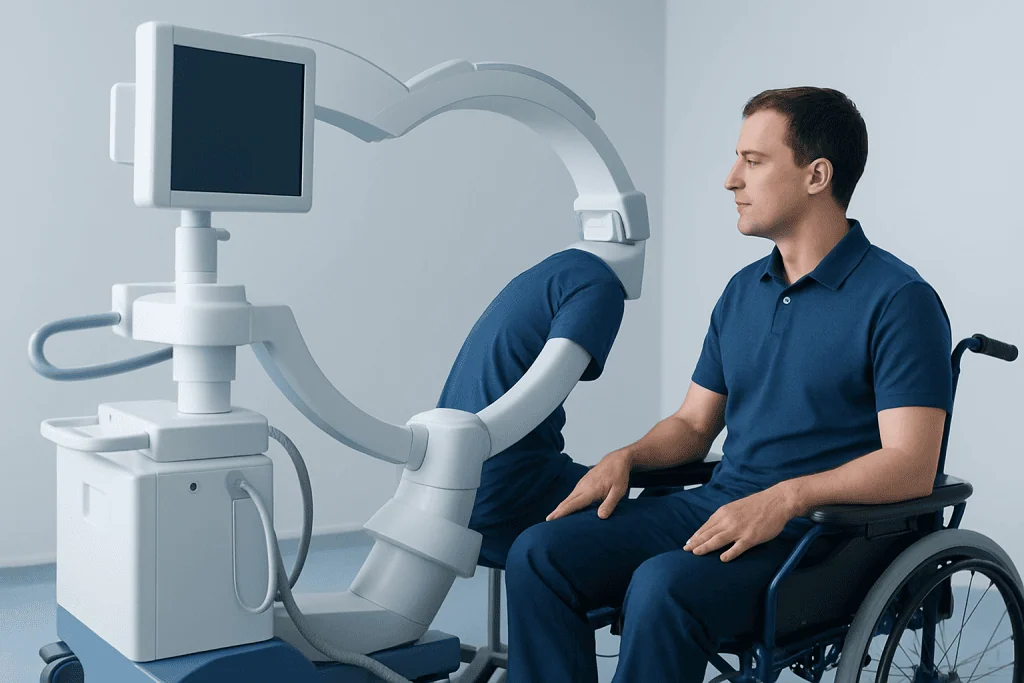 Medical professional operating MRI machine in hospital setting.
