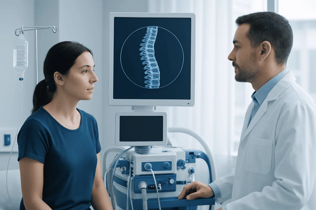 Doctor explaining spinal scan to patient in hospital setting.