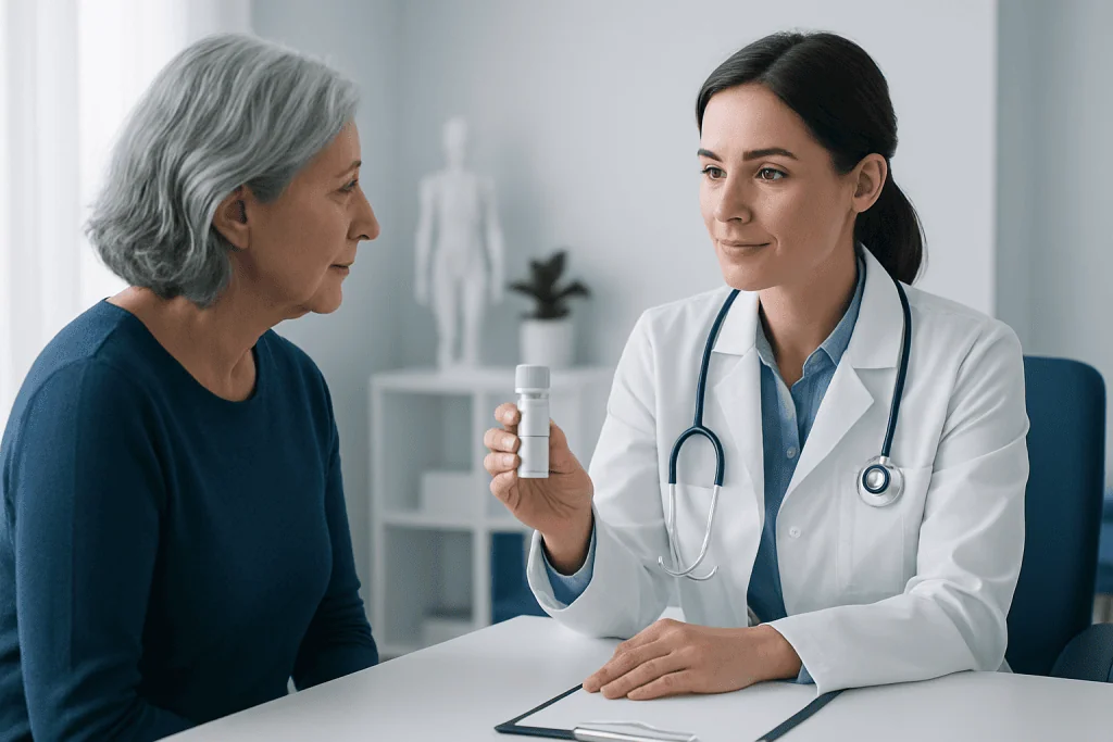 Doctor explaining medication to elderly patient in a clinic setting.