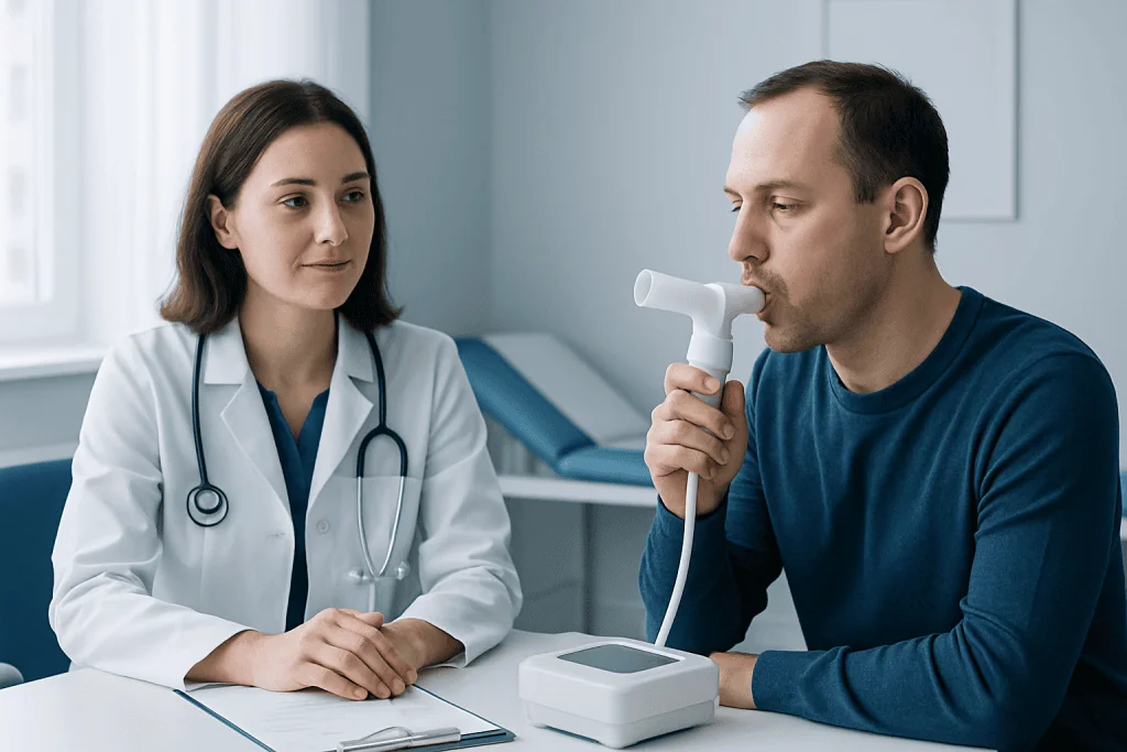 Patient undergoing spirometry test with doctor in clinic setting.