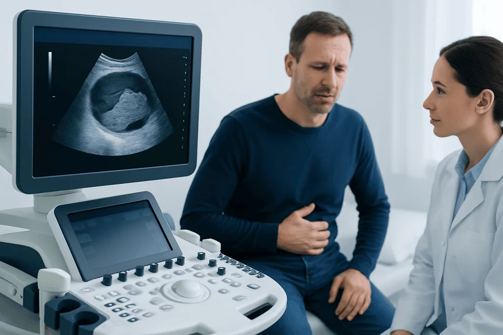 Doctor explaining ultrasound scan results to a patient in a medical consultation room.