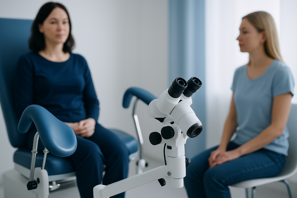 Medical consultation with a microscope in a healthcare setting.