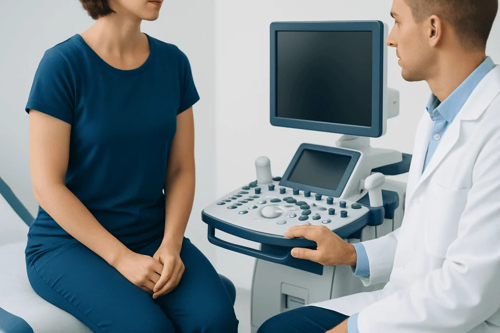 Doctor explaining ultrasound results to a patient in a clinical setting.