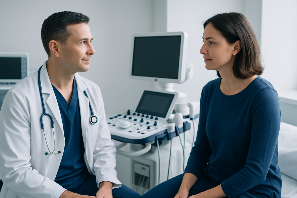 Doctor consulting with a female patient in a medical office.