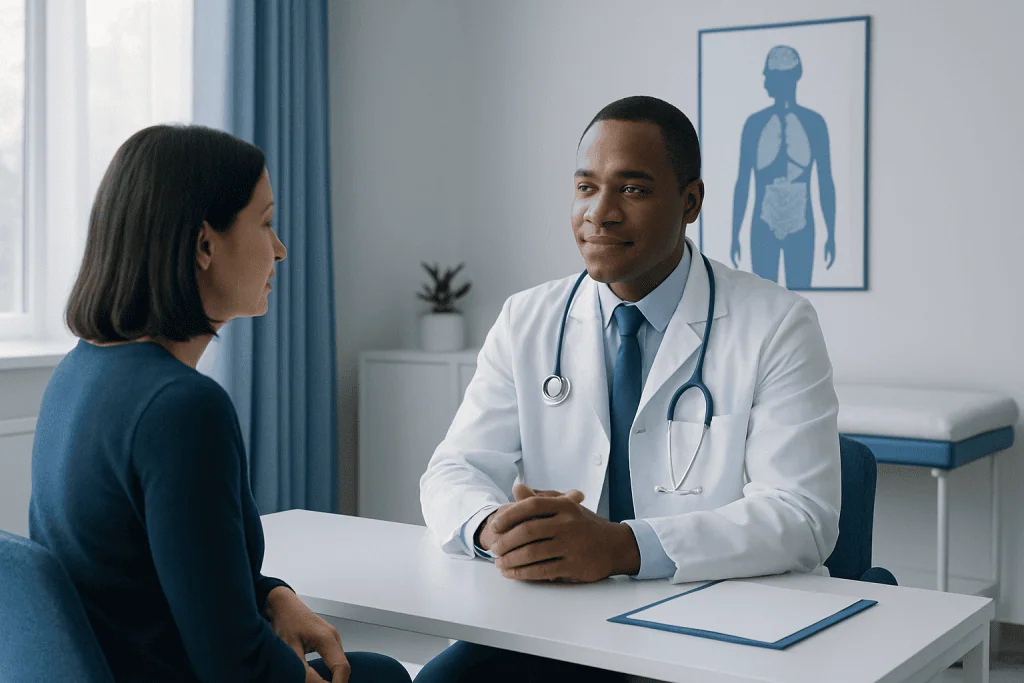 Doctor consulting with a patient in a medical office at Acibadem Hospitals Group.