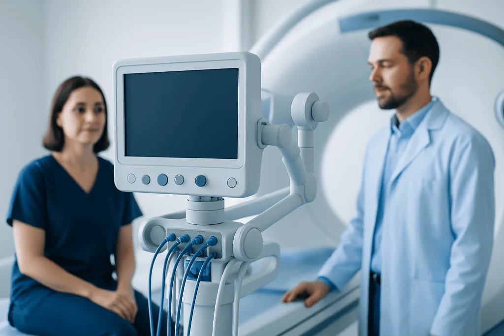 Medical professionals using MRI machine in hospital setting.