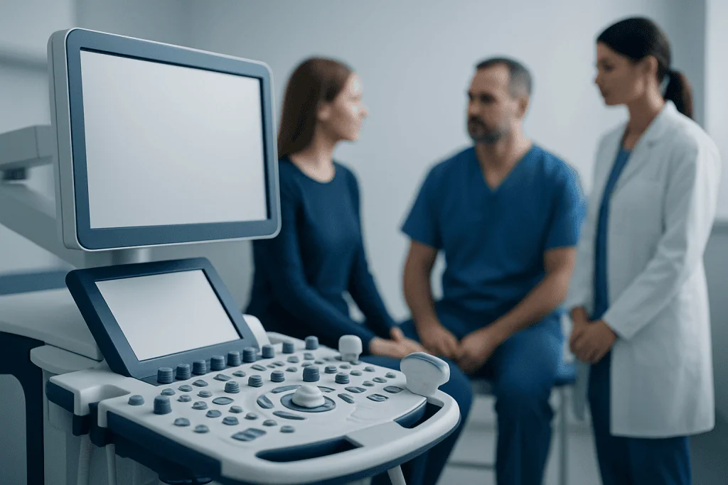 Medical consultation with ultrasound equipment at Acibadem Hospitals Group.