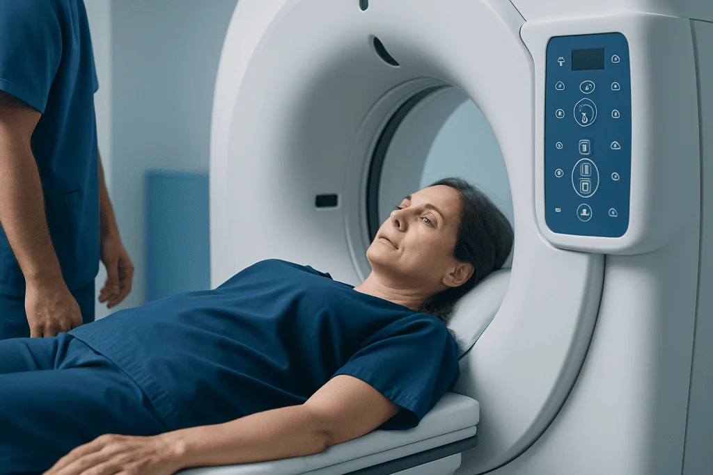 Patient undergoing MRI scan at Acibadem Hospital for cancer diagnosis.