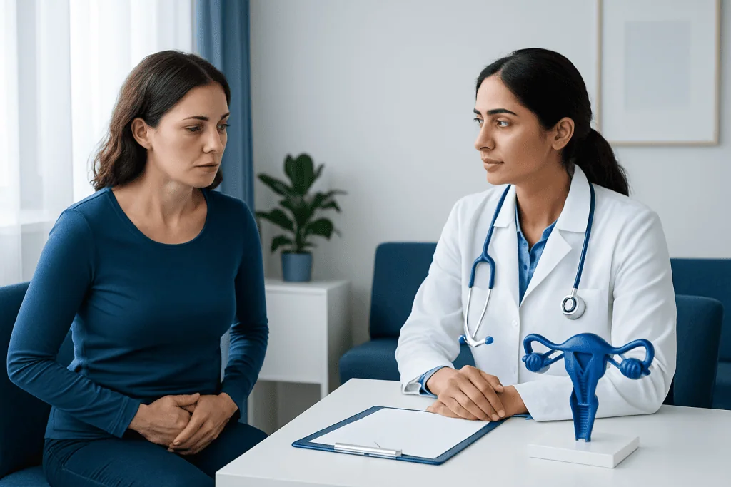Doctor discussing endometriosis with patient in consultation room.