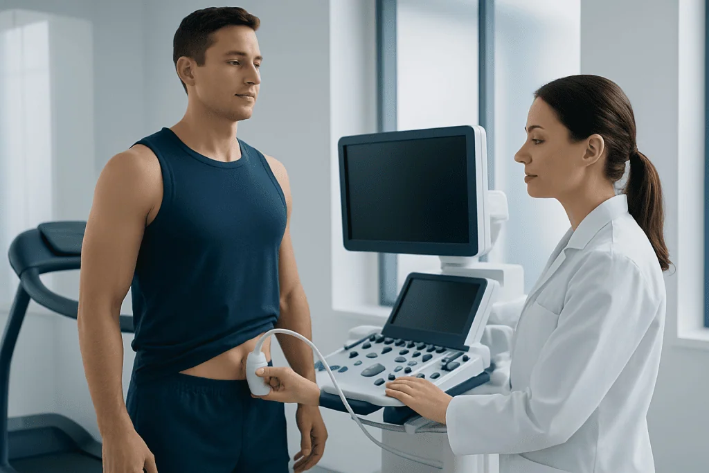 Doctor performing an ultrasound exam on a male patient in a medical clinic.