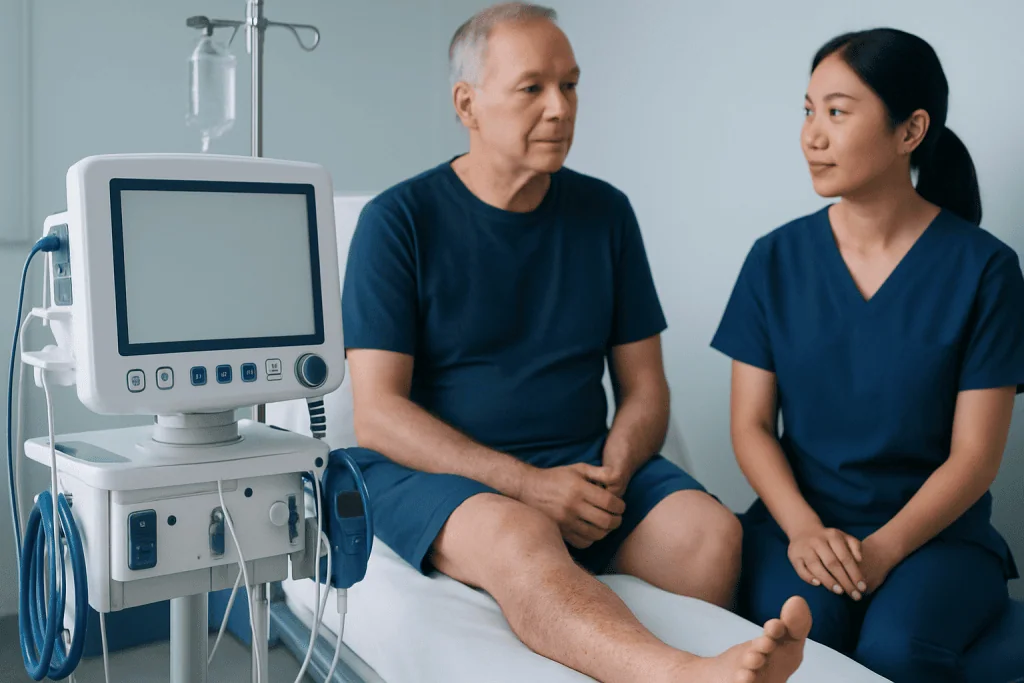 Doctor consulting patient in hospital room with medical equipment.