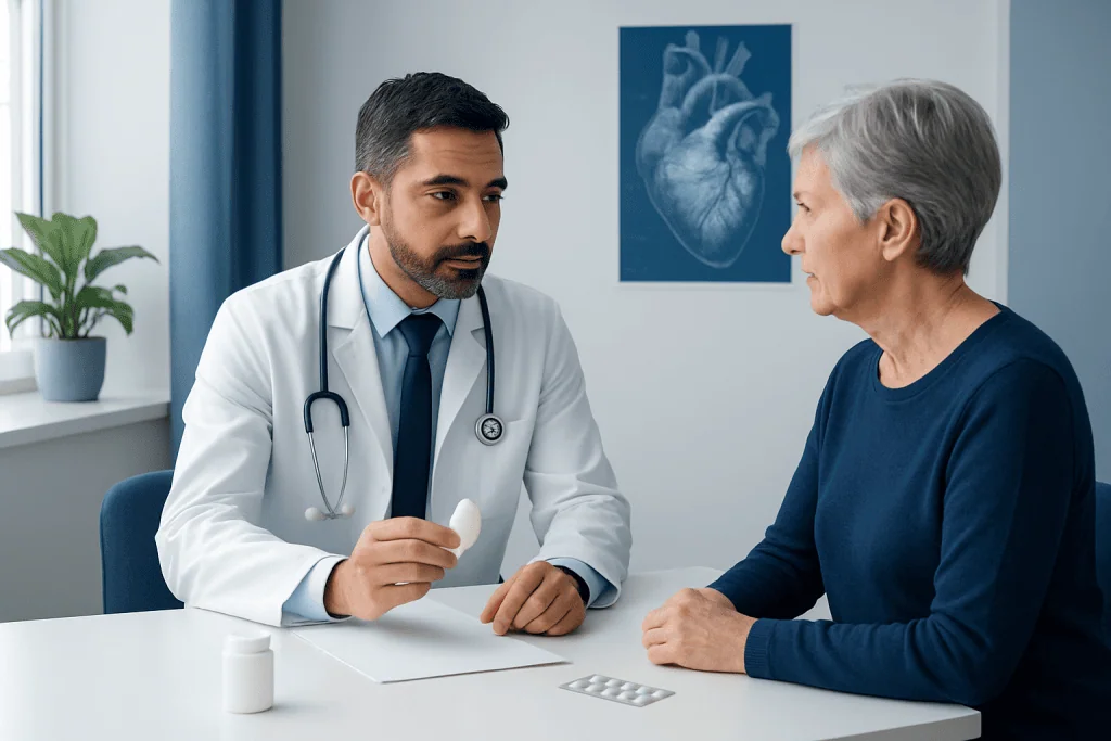 Doctor consulting with elderly woman in medical office with heart diagram.