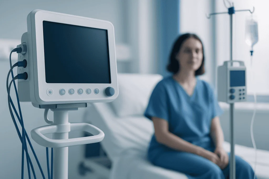 Hospital patient monitor and nurse in a clinical setting.
