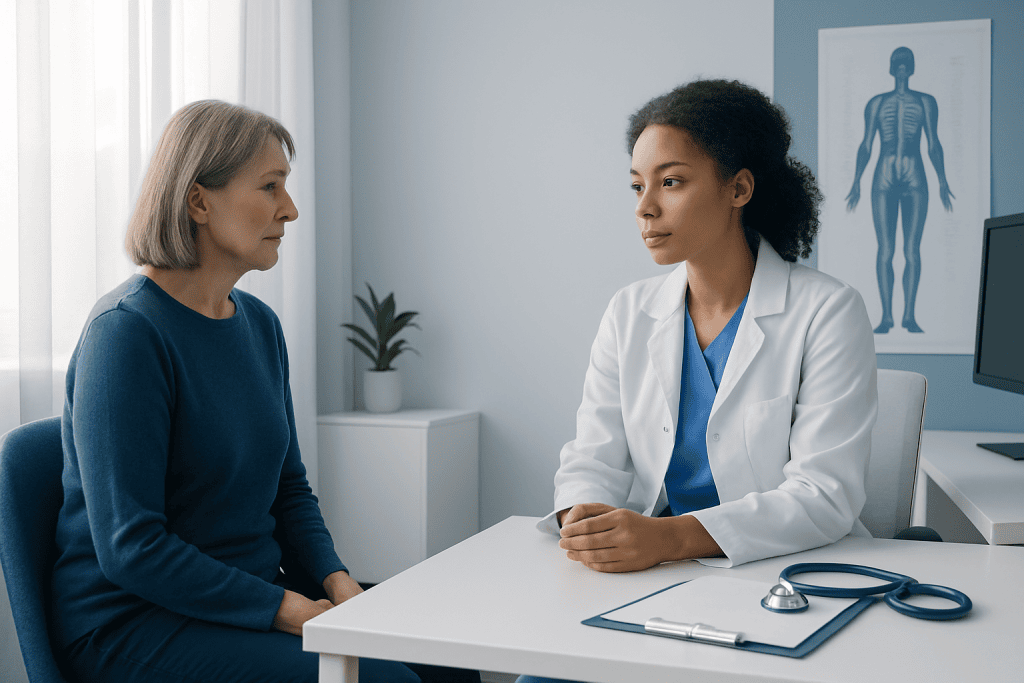Doctor consulting with a female patient in a medical office.