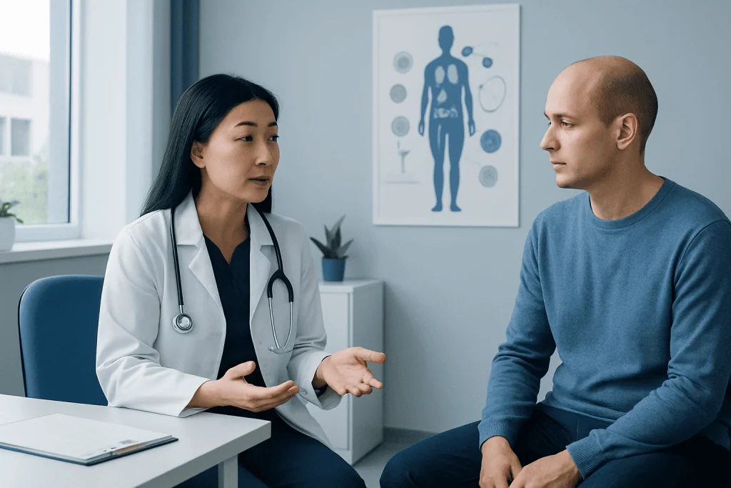 Doctor consulting patient in a medical office with anatomy chart in background.