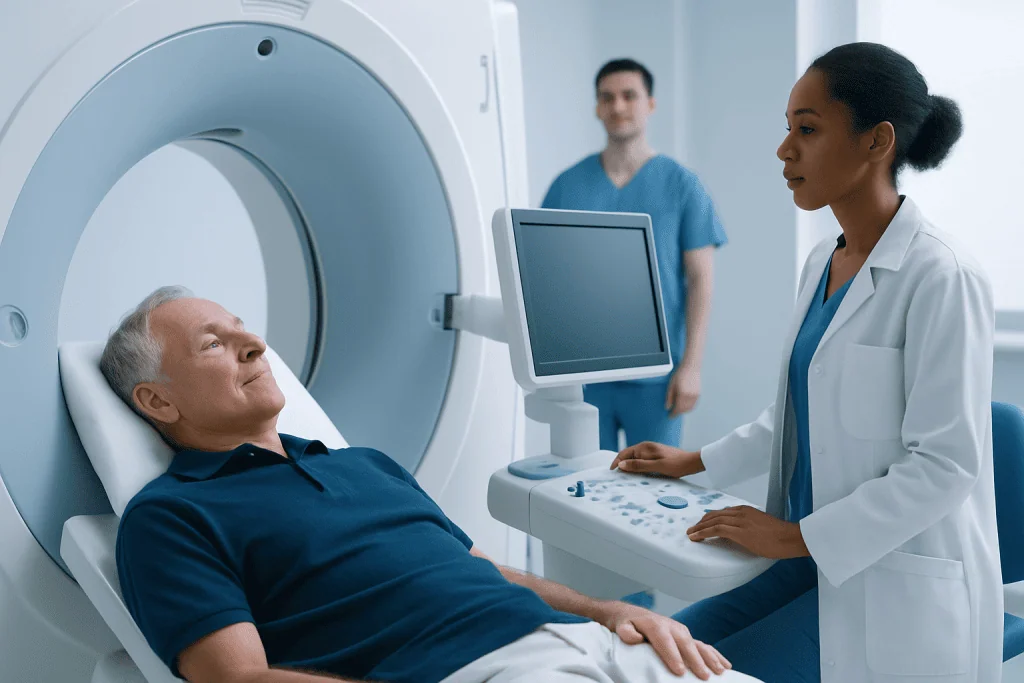 Medical professional explains MRI scan results to patient in hospital.