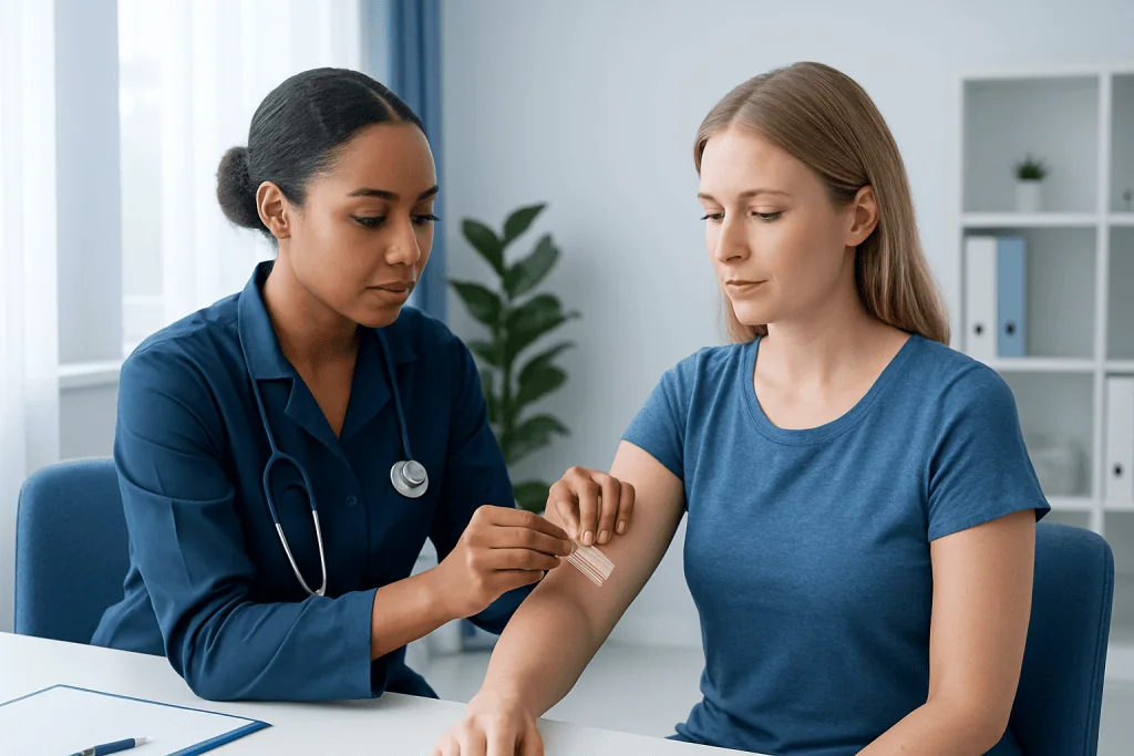 Nurse applying a sterile strip to a patient's arm in a clinical setting.