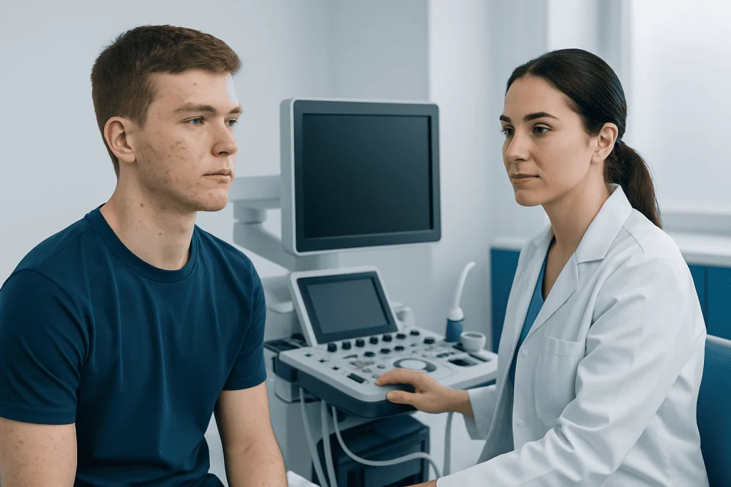 Doctor performing ultrasound examination on a young male patient in a clinical setting.