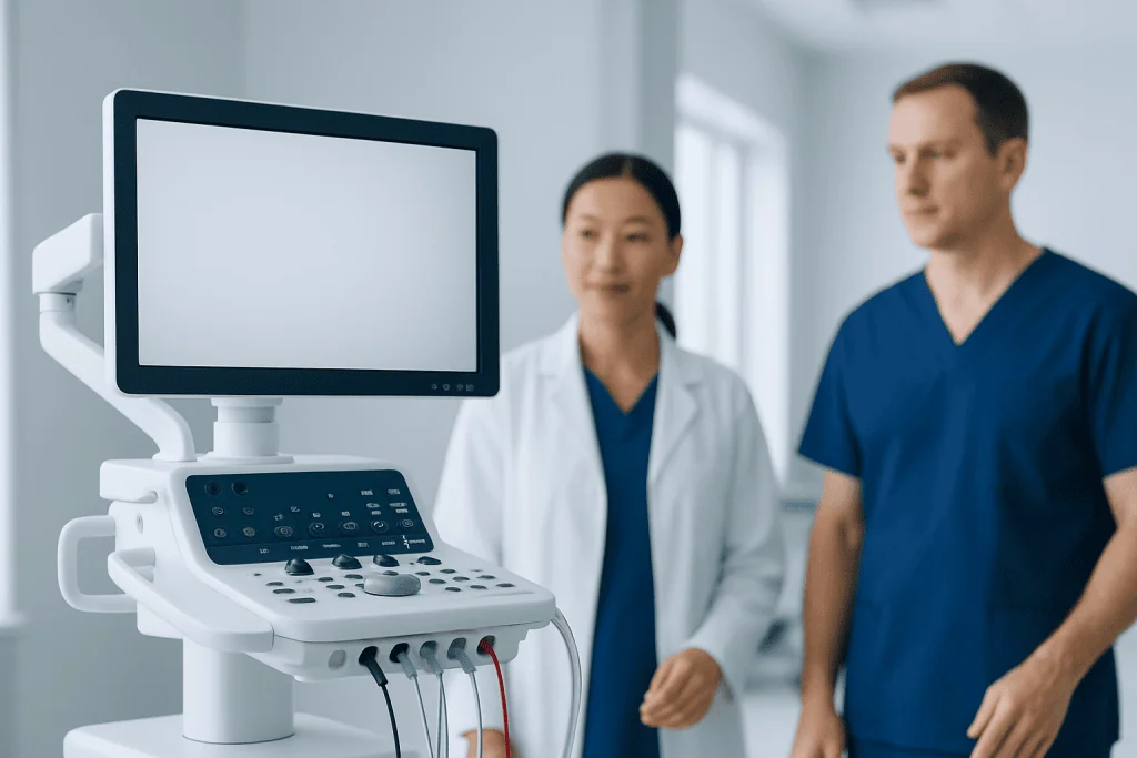Medical professionals with ultrasound machine in a hospital setting.