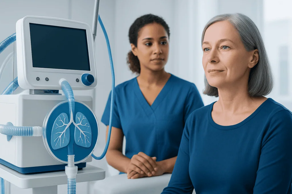 Medical professionals monitor a patient with respiratory equipment at Acibadem Hospital.