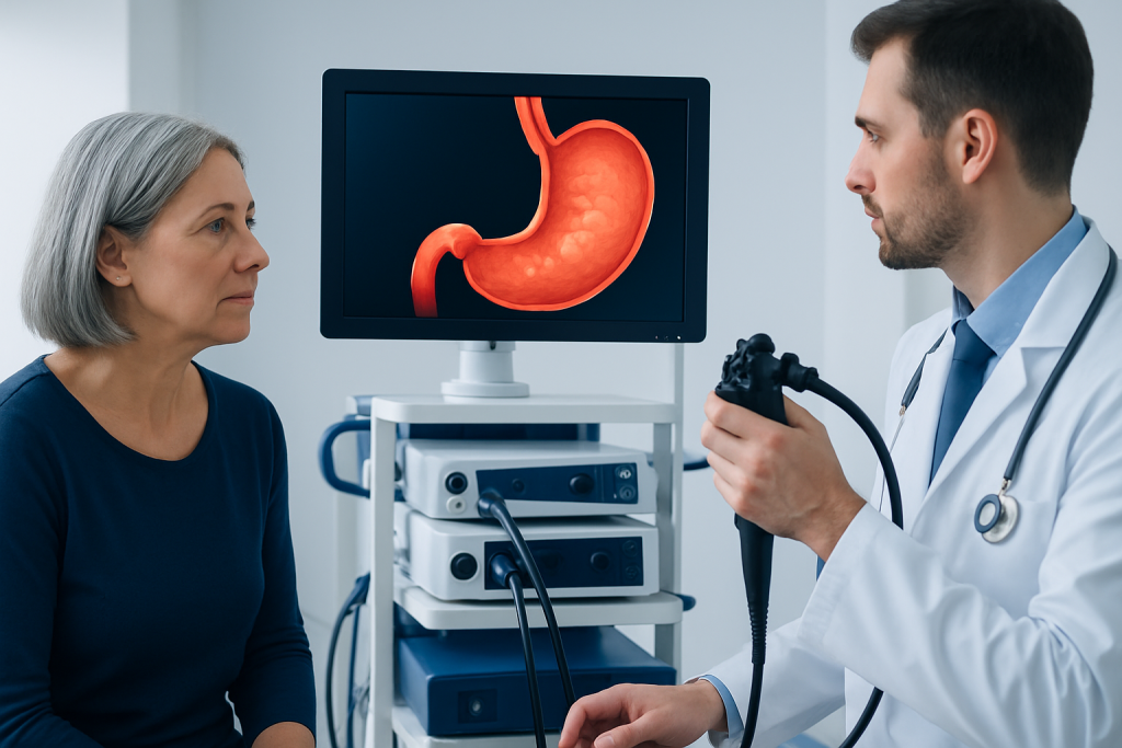 Gastroenterologist explains stomach health to a patient with stomach diagram.