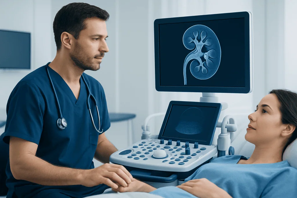 Doctor performing ultrasound scan on patient in hospital setting.