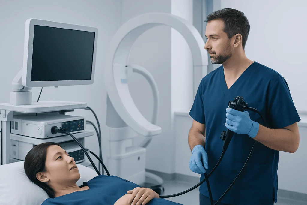 Doctor performing an endoscopy on a patient in a hospital setting.