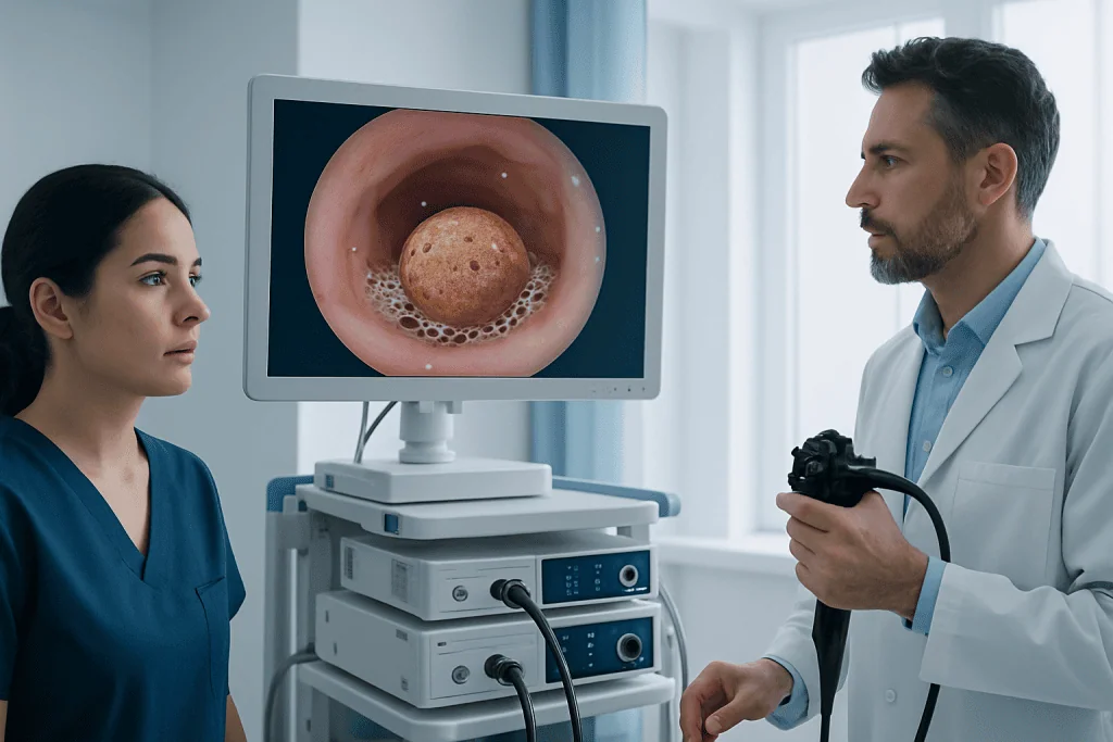 Medical examination of a colon with a computer screen showing a stool sample.