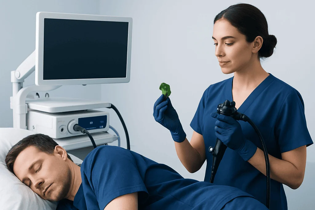 Medical professional performing a colonoscopy procedure on a patient.