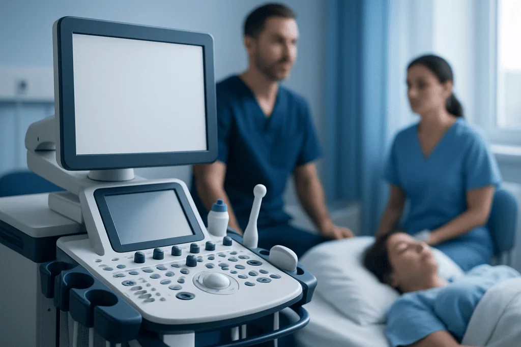Ultrasound machine in a hospital room with medical staff and patient.