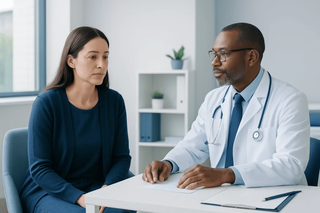 Doctor consulting with a female patient in a modern clinic setting.