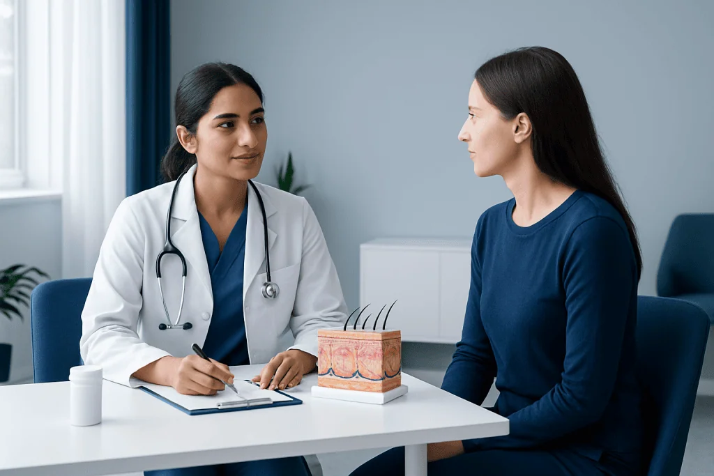 Doctor consulting with patient about skin health and skin layers.