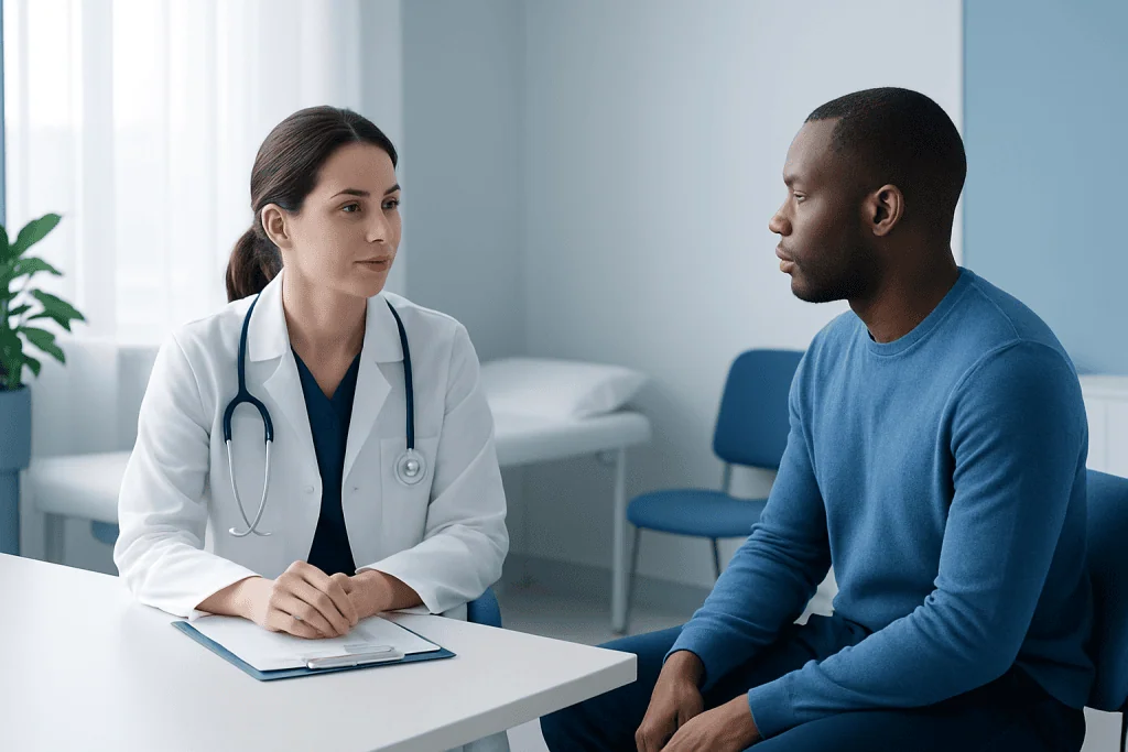 Doctor consulting with a patient in a medical office setting.
