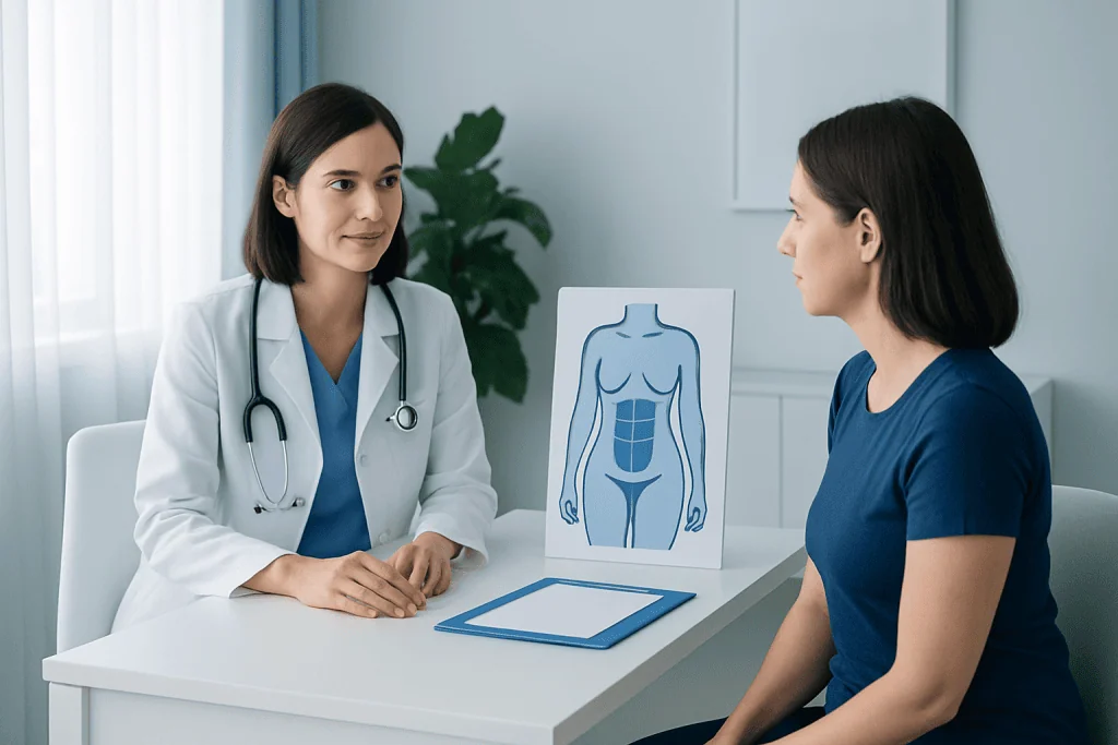 Doctor consulting patient about abdominal health and weight management.