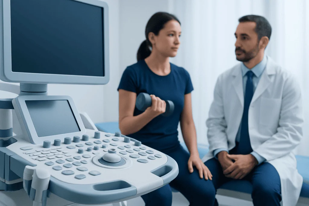 Medical consultation with ultrasound equipment at a hospital.