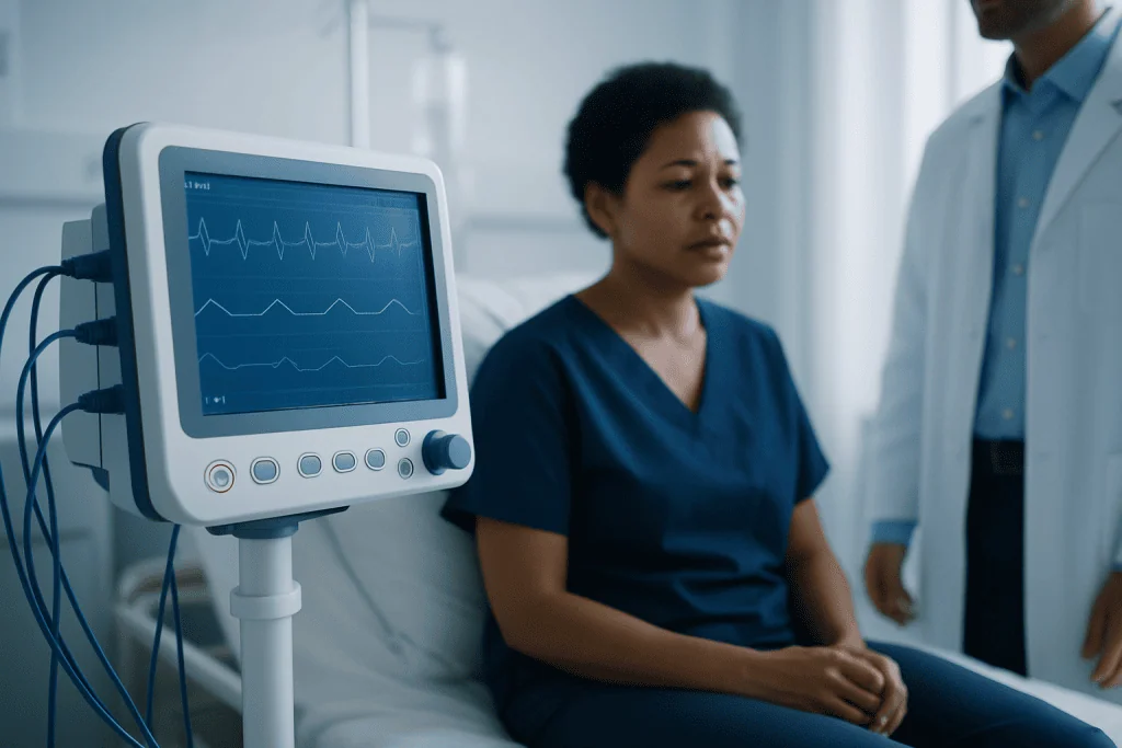 Patient undergoing cardiac monitoring in a hospital setting.