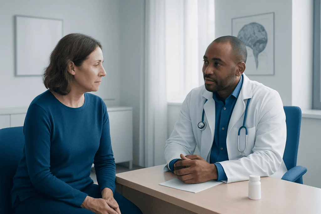 Doctor consulting with a female patient in a medical office.
