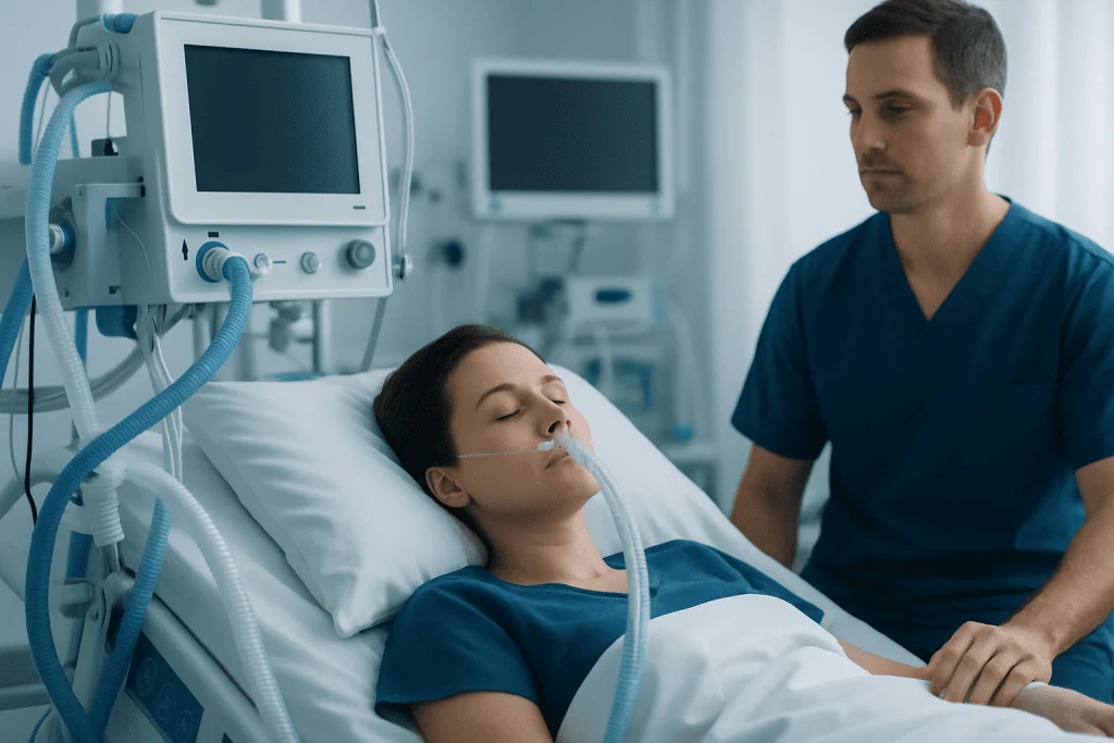 Patient in hospital bed with medical ventilator and healthcare professional nearby.