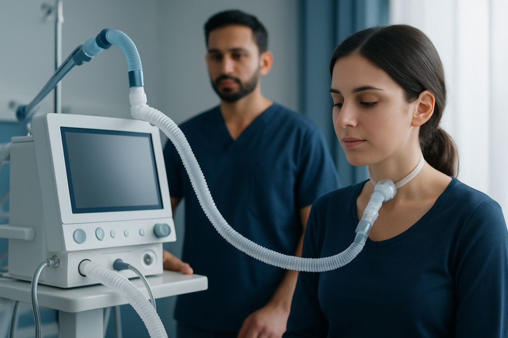 Patient undergoing respiratory assessment with medical staff at Acibadem Hospital.