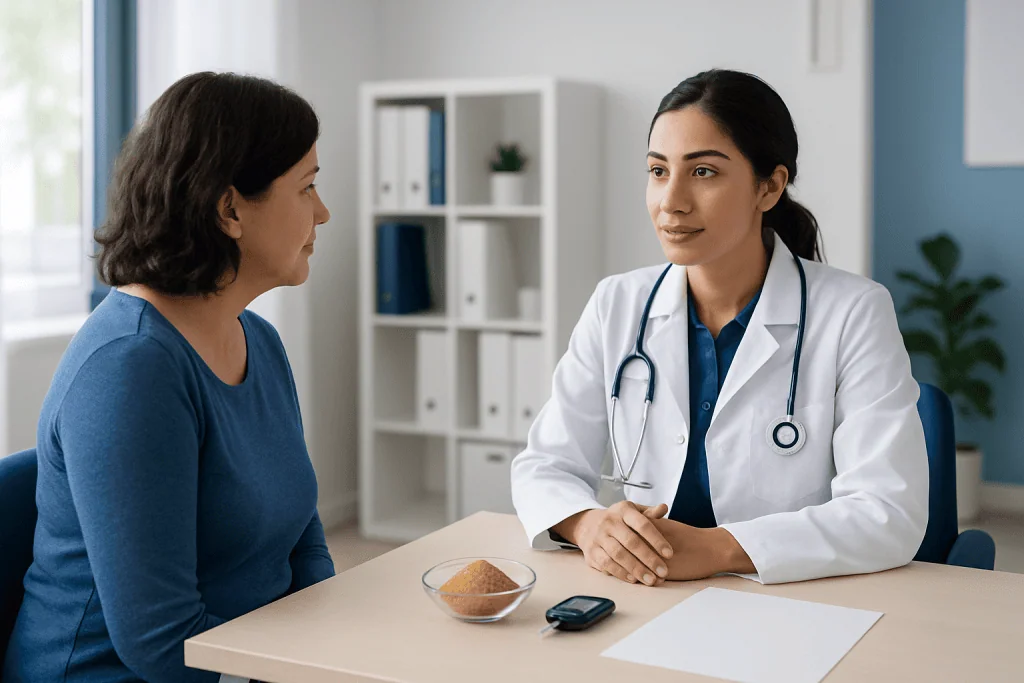 Doctor consulting a patient in a modern medical office setting.