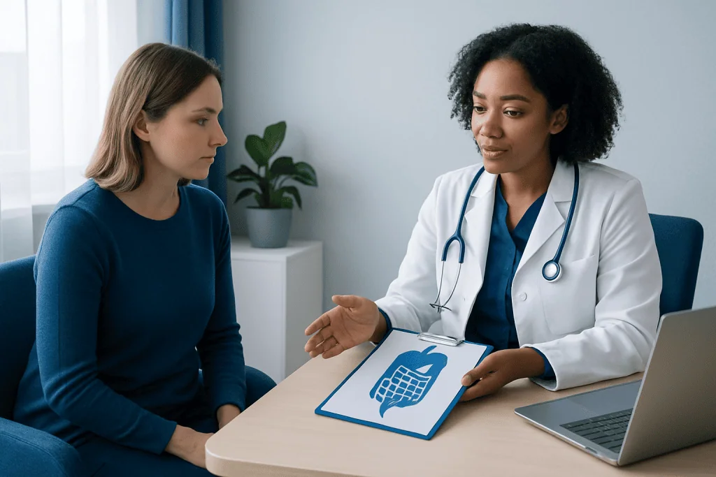 Doctor explaining dietary advice to a patient in a consultation room.